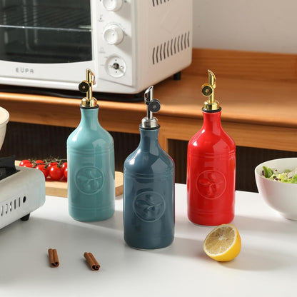 Sweejar 16 Oz Ceramic Olive Oil Dispenser Bottle, Oil Dispenser for Kitchen with Gravity Spout, Relief Opaque Oil Container for Evoo, Avocado Oil, Vinegar, Soy Sauce, 1 Pack(Red, Silver Spout)