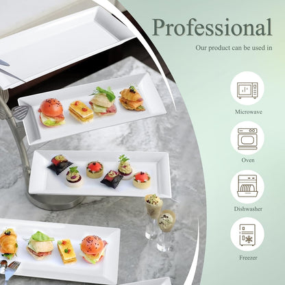 Rectangular Ceramic Serving Platters Set of 4, 14 inch Large Porcelain Serving Plates, White Appetizer Trays, Dishwasher Safe Plates for Steak, Charcuterie, Thanksgiving Turkey, Desserts