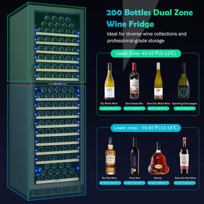 200 Bottle Dual Zone Wine Fridge ??24 Inch Large Capacity Wine Cooler Refrigerator Freestanding/Built-In with Upgraded Compressor, Low-Noise Wine Cellar & Intelligent Temperature Control - Black
