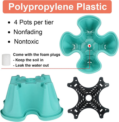 DUNCHATY Stackable Planter, Vertical Garden Planter with Wheels and Tools, Self Watering Strawberry Planter Indoor/Outdoor 3 Tier Herb Planter Pots for Growing Vegetables and Succulents, Teal