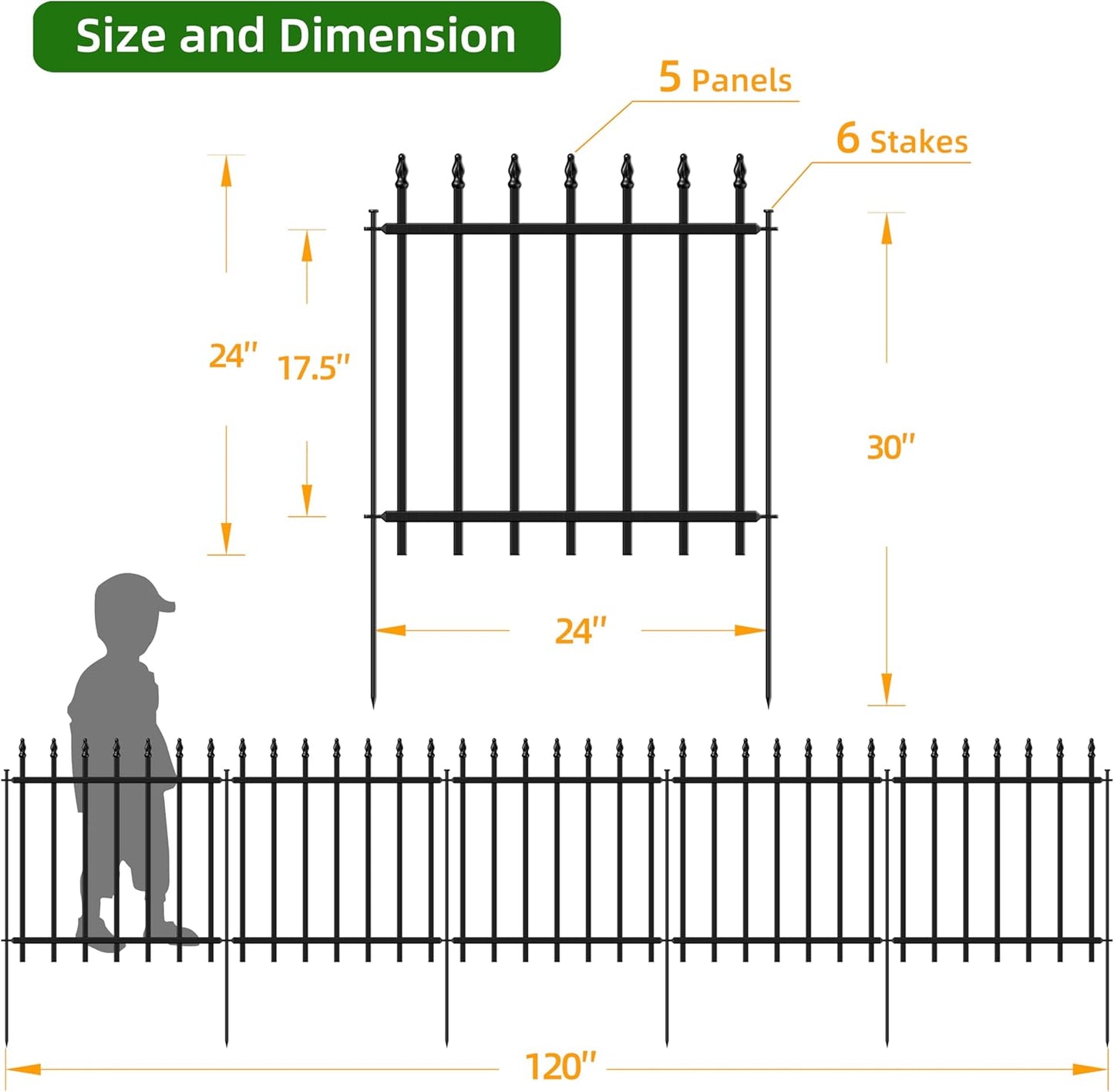 Decorative Metal Garden Fence 24 in H x 10 ft L, Border Fence Panels Animal Barrier for Dogs, No Dig Garden Fencing for Yard Patio Flower Bed Lawn Outdoor 5 Panels + 6 Stakes Black