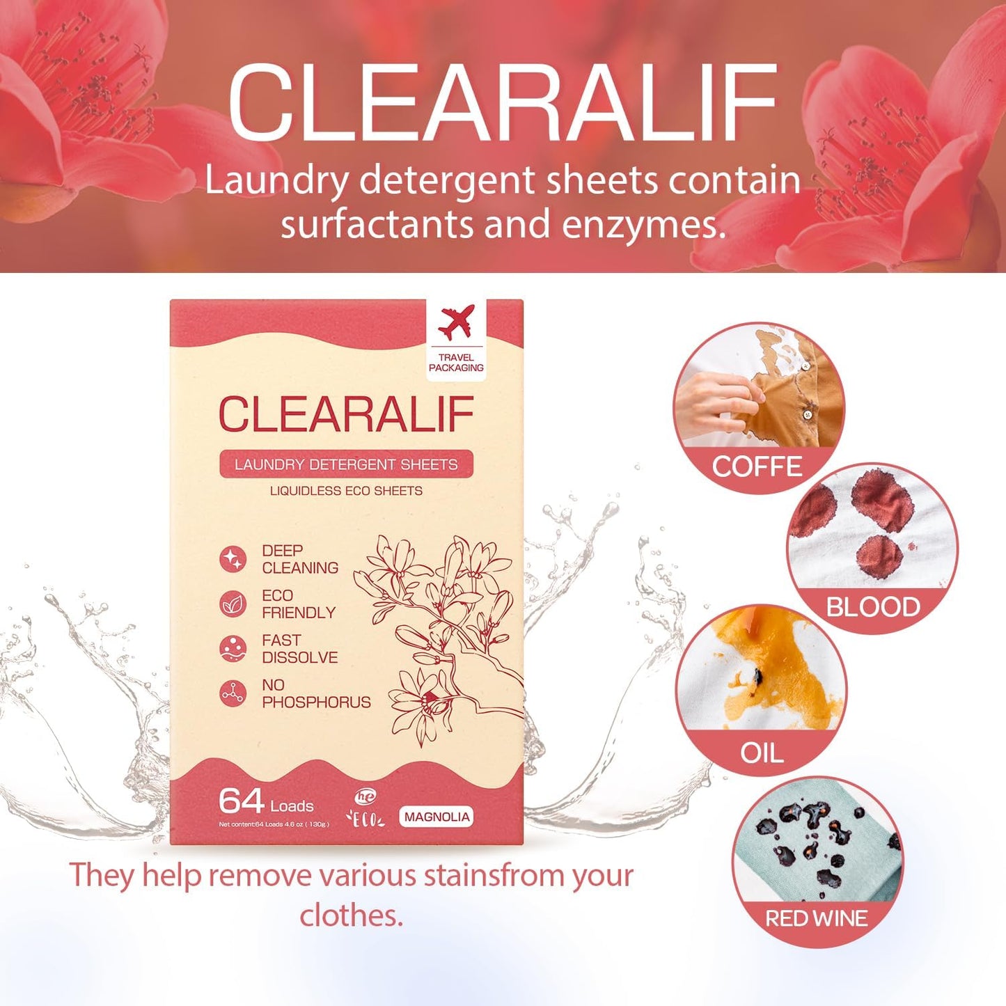 CLEARALIF Laundry Detergent Sheets, Magnolia, 64 Load, CLEARALIF Laundry Detergent Strips Eco Friendly & Hypoallergenic