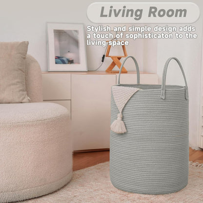 Large Woven Laundry Basket Hamper,60L Cotton Rope Storage Bin for Blankets,Toys and Clothes,Decorative Tall Nursery Hamper for Living Room,Baby Nursery,Bathroom and Bedroom,Grey