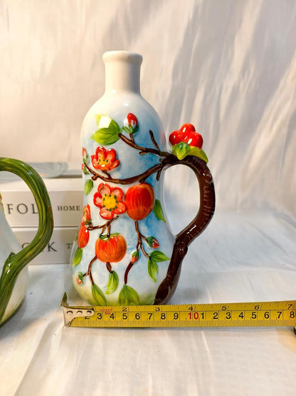 18 Oz Hand Painted Relief Ceramic Olive Oil Bottle Dispenser for Kitchen, Oil and Vinegar Bottle, Seasoning Bottle with Stainless Steel Nozzle, 540mL Oil Container with Handle for Cooking, Light Proof