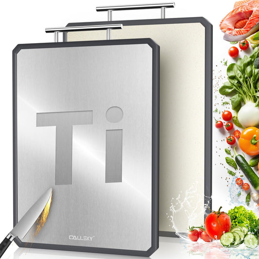 Titanium Cutting Boards for Kitchen, 2 in 1 Metal Cutting Board for Chopping Meat/Vegetables, Double Sided Pure Titanium&Wheat Straw PP Chopping Board, Food-Grade, Dishwasher Safe Large 16.3”×11-1 PC