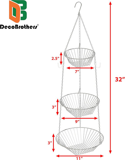 Deco Brothers Hanging Fruit Basket, 3-Tier, Chrome