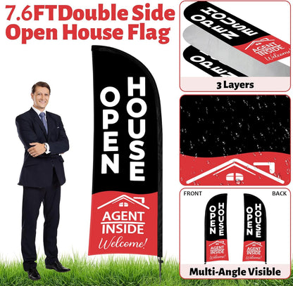 44 Pcs Open House Signs for Real Estate, Double Sided Open House Flag Kit, 7.6 x 5.4 Ft Black Banner Flag Poles Set for Outside, Directional Arrows Sign Stakes Balloons for Open House Supplies