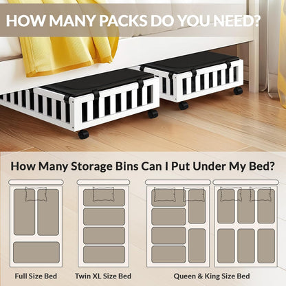 2 Pack Bamboo Under Bed Storage with Wheels, 39”x20”x7.8” Lager Under Bed Storage Containers (White)