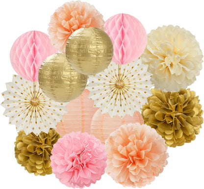 Pink Peach Gold Party Decorations - 14pcs Bridal Baby Shower Girls Birthday Paper Lanterns Fan,Tissue Pom Poms Streamers,Honeycomb Balls,Engagement Wedding Bachelorette Brunch Decor Lasting Surprise