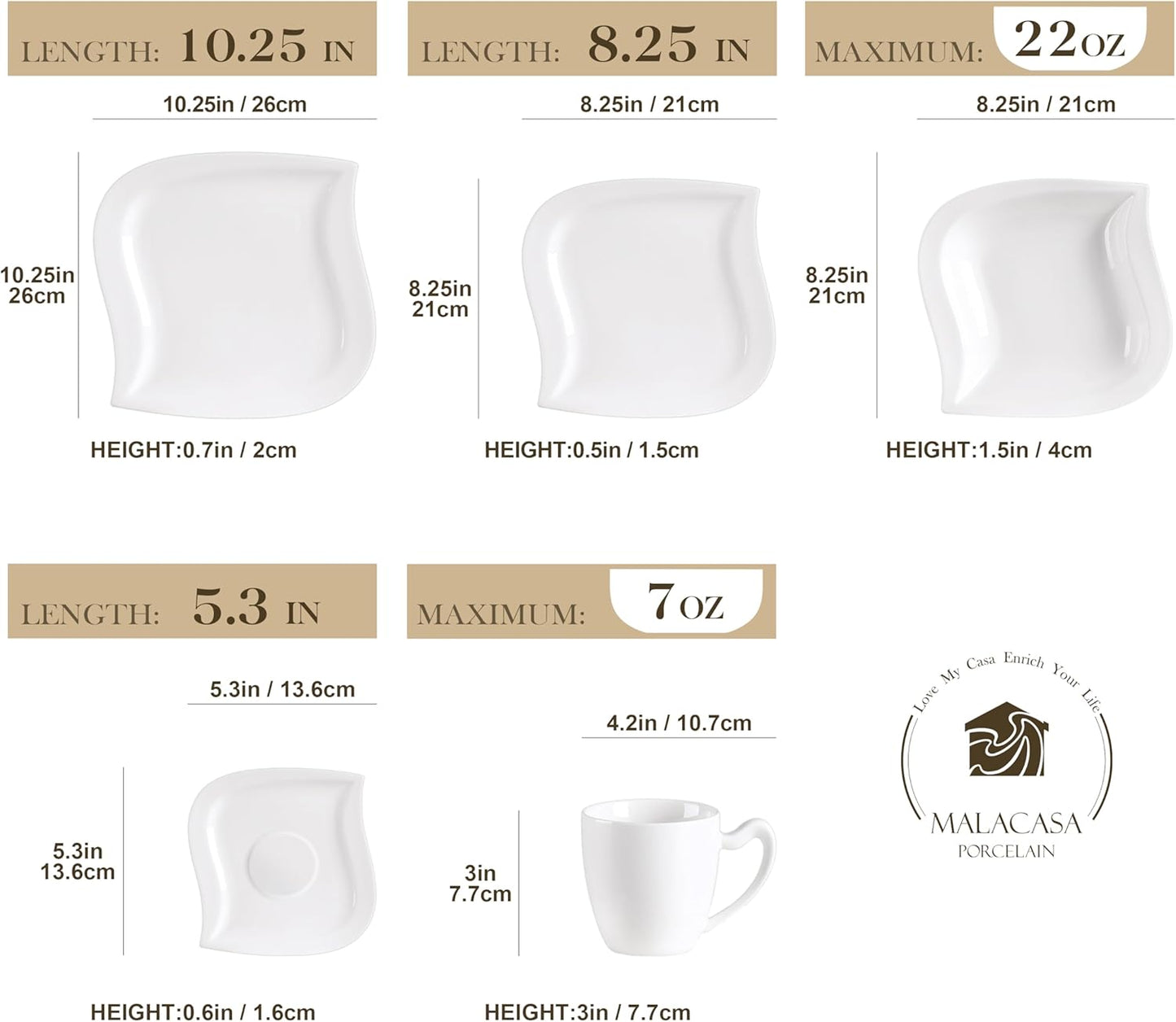 MALACASA Dinnerware Sets, 30 Piece Ivory White Plates and Bowls Sets for 6, Porcelain Dishes Set with Dinner Plate Set, Cup and Saucer, Kitchen Dinner Dining Ware Set, Microwave Safe, Series Elvira