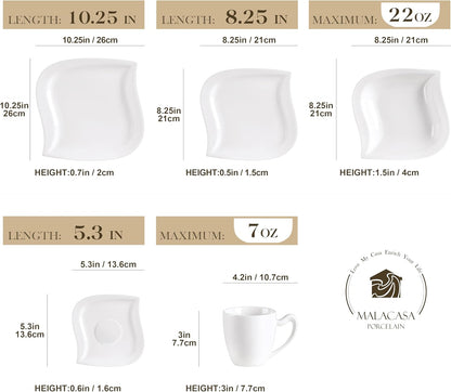 MALACASA Dinnerware Sets, 30 Piece Ivory White Plates and Bowls Sets for 6, Porcelain Dishes Set with Dinner Plate Set, Cup and Saucer, Kitchen Dinner Dining Ware Set, Microwave Safe, Series Elvira