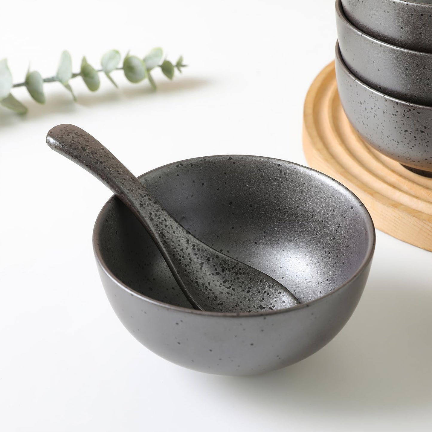 Stone lain Valencia Porcelain 8-Piece Round Bowl and Spoon Serving Set, Metallic Grey