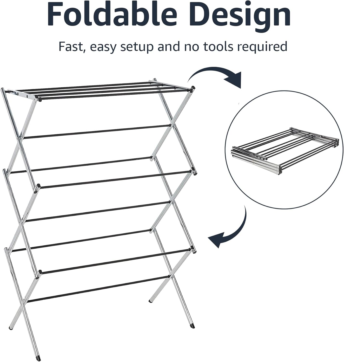 Amazon Basics Foldable Portable Laundry Drying Rack for Indoor Air Drying Clothing, 14.5 x 29.5 x 41.8 inches (LxWxH), Chrome Silver