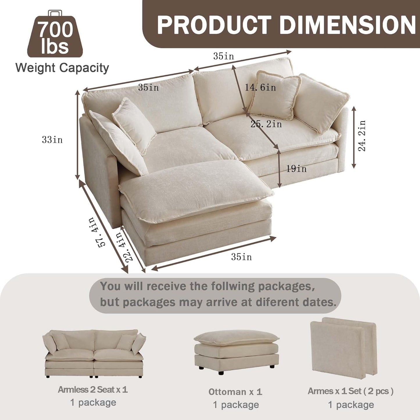 Sectional Sofa 2 Seater with Movable 1 Ottoman,Oversized Modular Couch Deep Seat (Light Coffee, 76.7 inch-L)