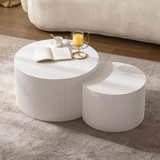 Round Nesting Coffee Table Set of 2 Modern Cream Fluted Coffee Table Small Round End Table Crescent