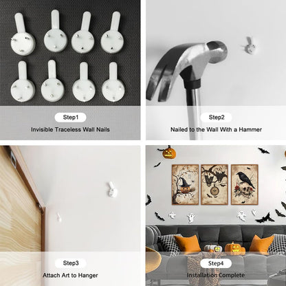 HLNIUC Vintage Halloween Decor Framed Gothic Skull Wall Art Set of 3(16”x24”) Floral Raven Crow Wall Decor,Horror Pumpkin Dark Academia Canvas Painting bats prints for Living Room Bedroom Goth Party