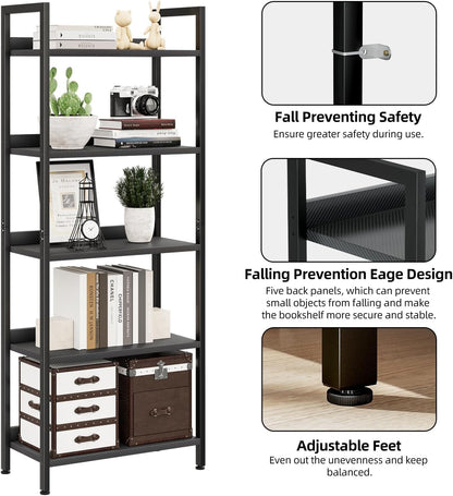 NUMENN Bookshelf, 5 Tier Bookshelves, Home Office Bookcase Shelf Storage Organizer, Free Standing Storage Shelving Unit for Bedroom, Living Room and Home Office, Carbon Fibre