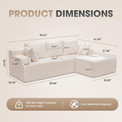 Hobestluk 96“ Modular Sectional Sofa Couches L-Shape Couch 3 Seat Modular Sofa Memory Foam Sectional Couches for Living Room, Cloud Couch with Oversized Chaise (White, Checked (Right Facing Chaise))