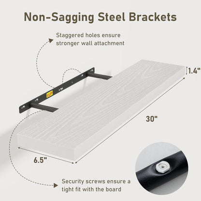 Fun Memories 30 Inch Floating Shelves Set of 3, Farmhouse White Wall Shelves for Kitchen, Living Room, Wall Mounted Bathroom Shelves in Black, 30 x 6.7 x1.4 Inch