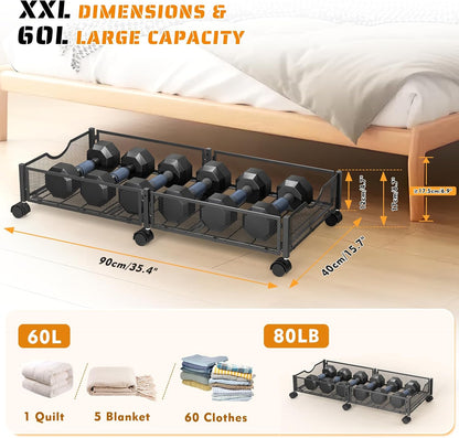 2 Pack Under Bed Storage with Wheels, 36" Lengthen Underbed Storage Containers with Lids, Large Capacity Under Bed Shoe Storage, Metal Clothes Organizer, Storage Box for Clothing Shoes Blankets Sheet