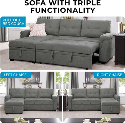 Naomi Home L-Shaped Reversible Sectional Sofa with Pull-Out Sleeper Bed and Storage Chaise, Gray Velvet