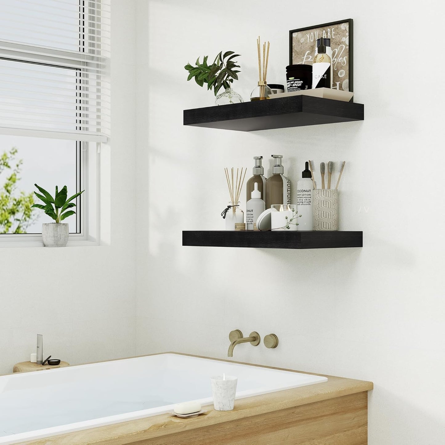 Heimlove Black Bathroom 12'' Deep Floating Shelves for Wall - Shelf Over Toilet Wall Mounted Farmhouse 24 inches,Rustic Wood Shelves Decor & Storage,Set of 1