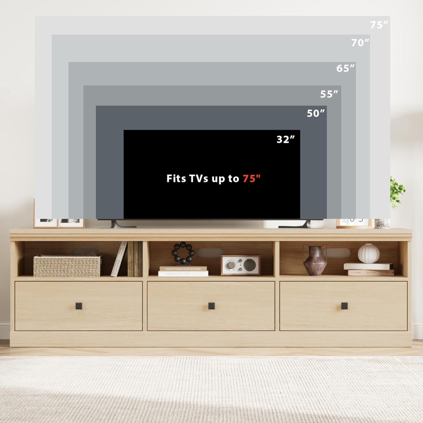 IDEALHOUSE 70in TV Stand for TVs up to 80", Mid Century Modern Entertainment Center with Storage Drawer and Open Shelves, TV Console Media Cabinet for Living Room, Bedroom (Light Oak)