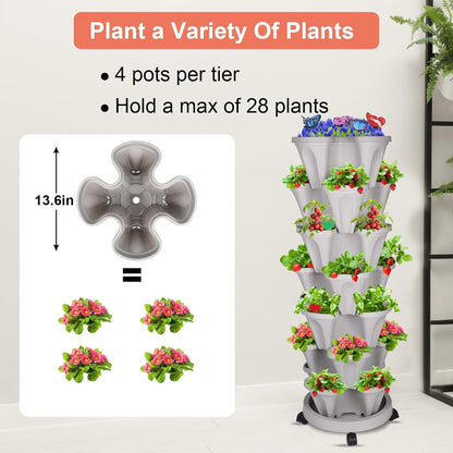 DUNCHATY Stackable Planter, Vertical Strawberry Planter with Garen Tool Set, Self Watering Garden Planter Indoor/Outdoor 7 Tier Herb Planter Pots for Growing Vegetables and Succulents, Gray