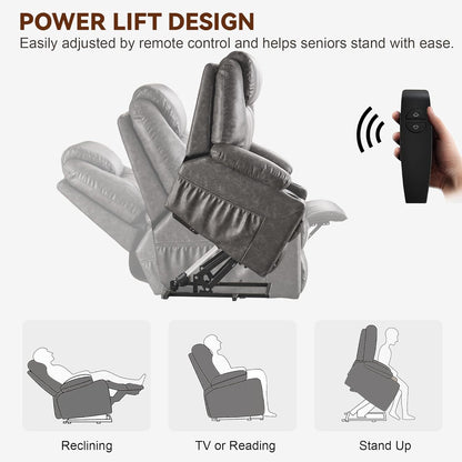 SALOHZA Power Lift Recliner Chair for Elderly with Massage and Heat for Living Room, Electric Recliner Chair for Adults with USB/Type C Port/Cup Holders, PU Faux Leather, Grey