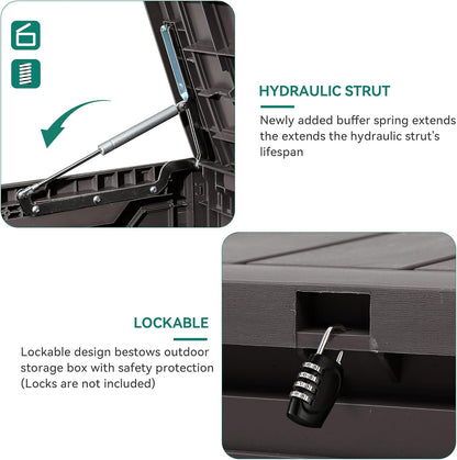 YITAHOME 100 Gallon Outdoor Storage Box, Large Water Resistant Resin Deck Box, Indoor Outdoor Lockable Storage Container for Patio, Garden, Cushions, Tools, Equipment (Dark Brown)