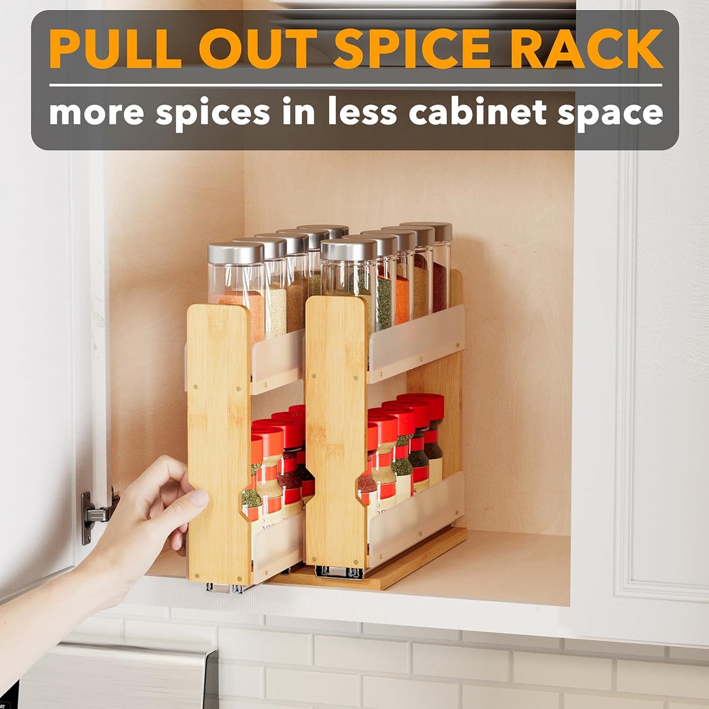 SpaceAid Bamboo Pull Out Spice Rack Organizer for Cabinet, Heavy Duty Slide Out Seasoning Kitchen Pantry Sliding Vertical Organization, 5.1" Wide, 2 Drawers(2" Wide), 2-Tier, Natural