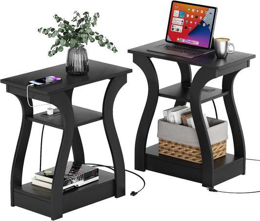 Black End Table Set of 2 with Charging Station, Side Table with USB Ports and Outlets, Black Nightstand, 3 Tier End Table with Storage Shelf for Living Room, Bedroom