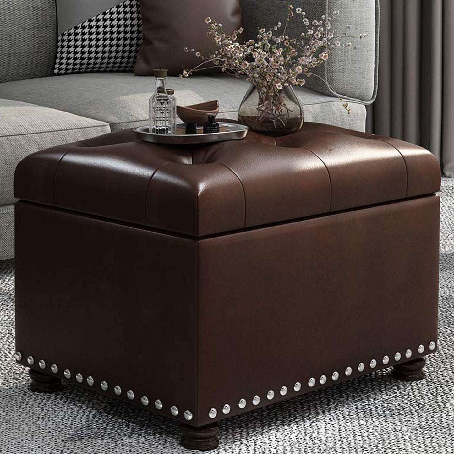 24'' Leather Storage Ottoman Rectangular Foot Rest Stool with Nailhead Trim for Bedroom Living Room(Dark Brown)