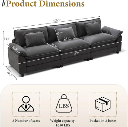 URRED Modular Sectional Sofa Comfy Cloud Couch, Modern Velvet Sofa Sleeper Deep Seat Couches with Ottoman/Pillows for Living Room (Dark Gray, 117'')