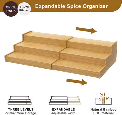 Spice Rack Organizer for Cabinet 2Pack, 3 Tier Expandable Bamboo Spice Storage, Great for Kitchen Cabinet, Cupboard,Pantry and More(Natrual)