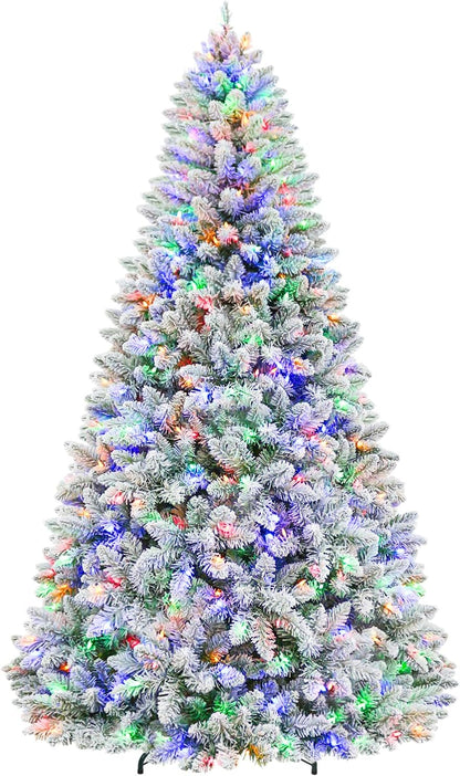 6ft Lighted Artificial Christmas Tree, 250 Multicolor LED Lights, Snow Flocked Christmas Tree with 1032 PVC Tips, Metal Base & Hinged Branches for Holiday, 10 Modes