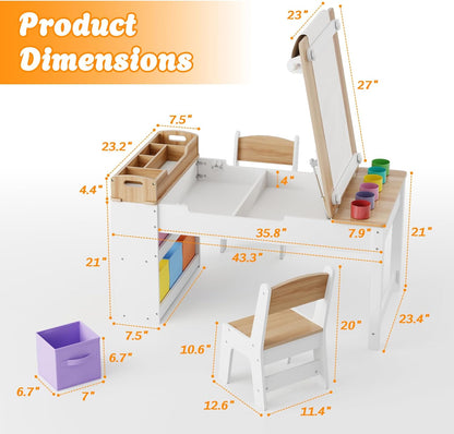 Kids Art Table and Chair - Toddler Craft Table and Chairs Set with 2 Chair & Bins, Kids Activity Desk with Paper Roll for Playrooms & Classroom, 44" L x 24" W, Natural