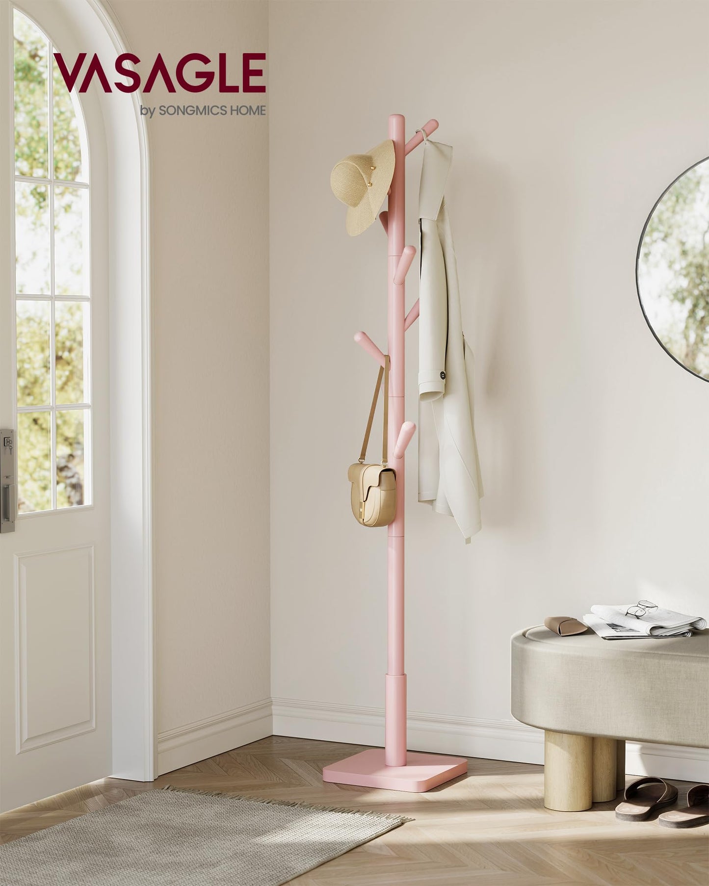 VASAGLE Solid Wood Coat Rack, Free Standing Hall Coat Tree with 8 Hooks, 3 Height Options, for