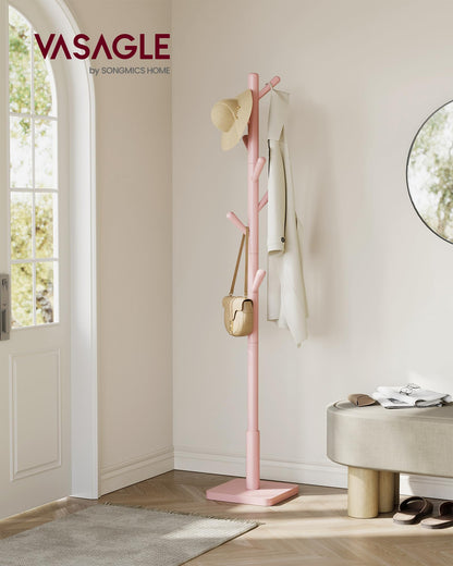 VASAGLE Solid Wood Coat Rack, Free Standing Hall Coat Tree with 8 Hooks, 3 Height Options, for