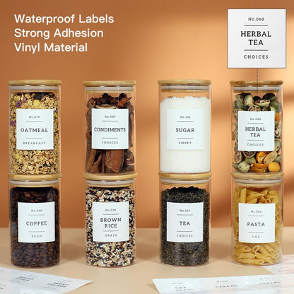 8 Pack Glass Jar with Airtight Bamboo Lid and White 132 Kichen Pantry Labels Preprinted - 21 Oz Clear Round Glass Food Storage Containers set For Tea Coffee Sugar Spice