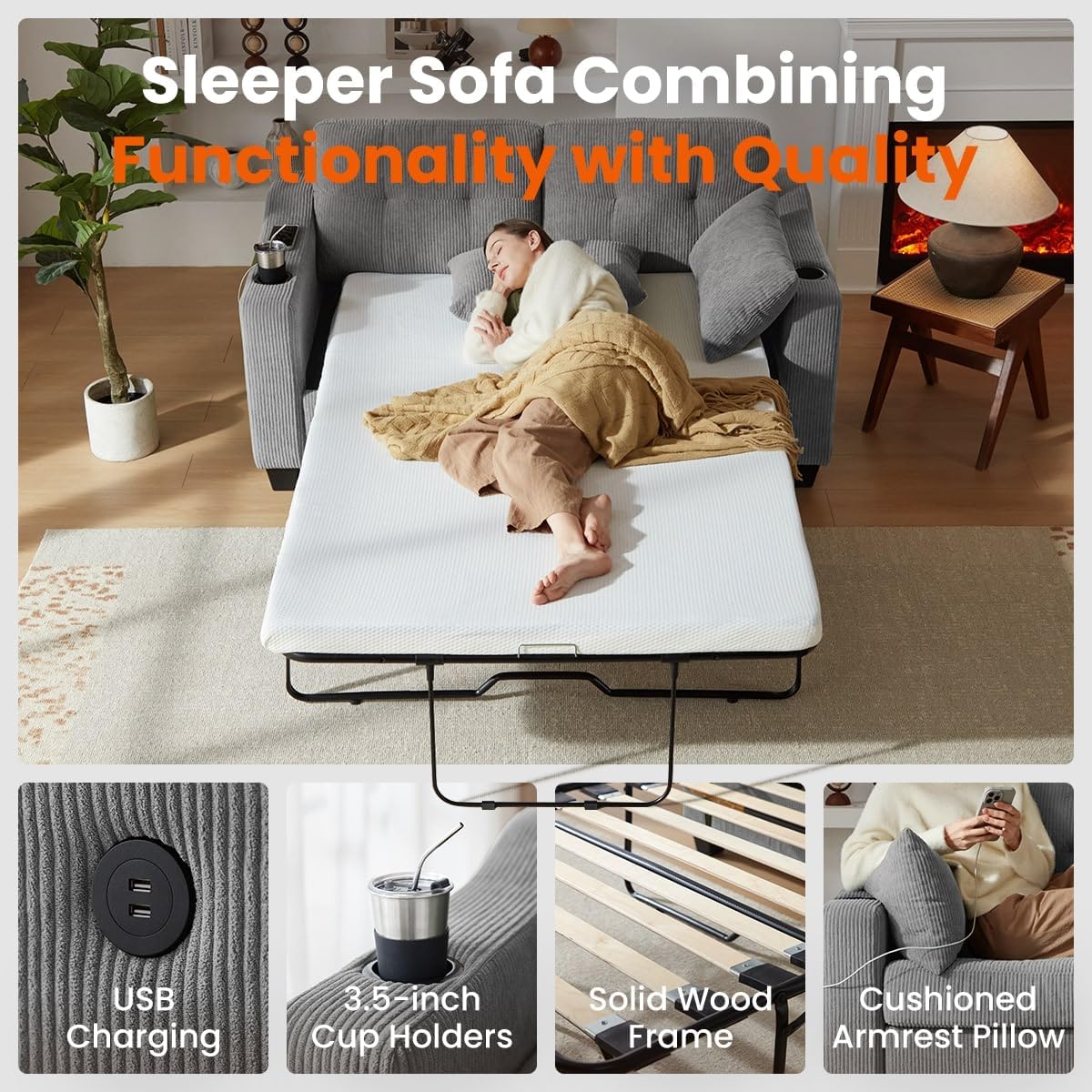 CHIC HOUSE Pull Out Sofa Bed, Full Size Sleeper Sofa, 2-in-1 Convertible Corduroy Couch with USB Charging, Memory Form Couch for Living Room, Apartment and Small Space (Grey, Corduroy - Full Size)