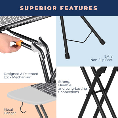 Happhom Ironing Board, Compact and Space Saver Iron Board, Safety Ironing with Park Zone and 4 Layers Extra Thick Cover, Patented Lock System for Foldable Leg, Easy Storage with Smart Hanger (13x43)