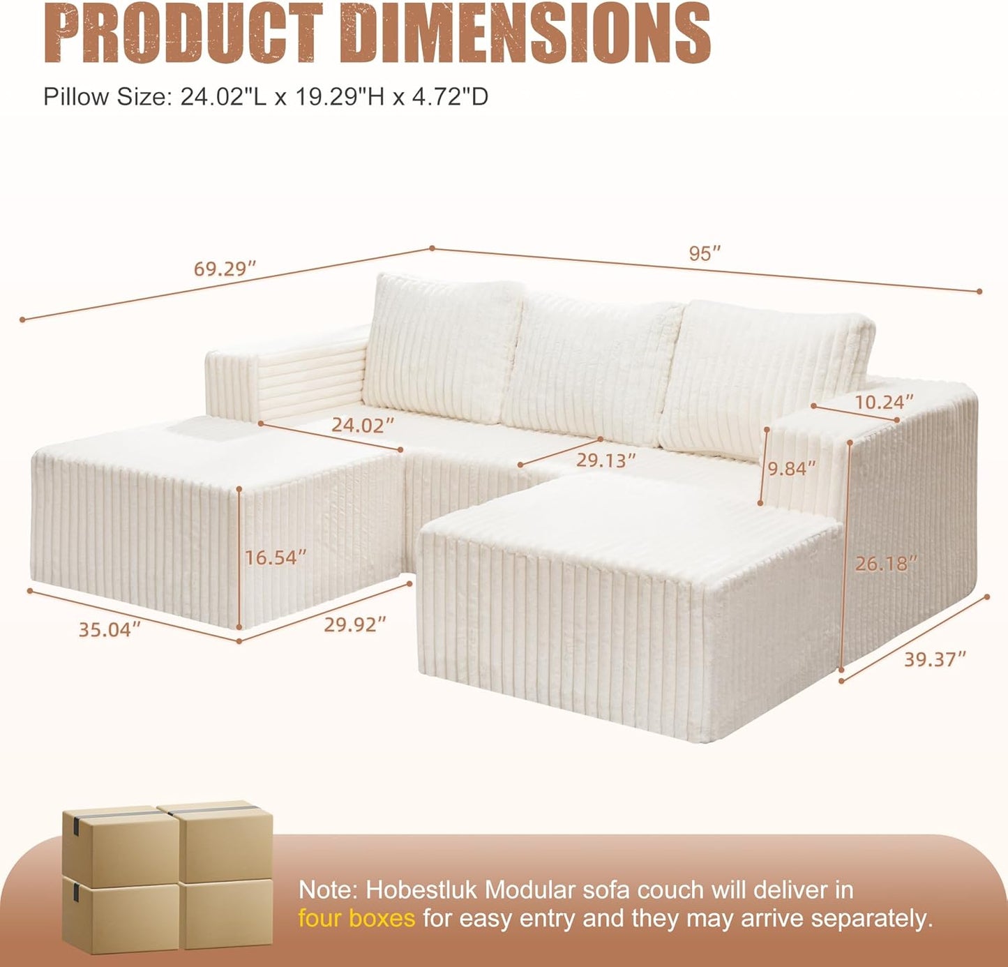 Hobestluk Modular Sectional Sofa Memory Foam Couch Oversized Sectional Sofa 3-Seater with Chaises Cloud Couch with Removable Cover U Shaped Sofa for Living Room (Strip White, U Shape)