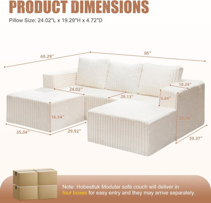 Hobestluk Modular Sectional Sofa Memory Foam Couch Oversized Sectional Sofa 3-Seater with Chaises Cloud Couch with Removable Cover U Shaped Sofa for Living Room (Strip White, U Shape)