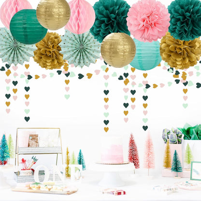 Sage-Green Pink-Gold Baby-Shower Party Decorations - 14pcs Teal Wedding Paper Lanterns Fan,Tissue Pom Poms Streamers,Honeycomb Balls,Birthday Bachelorette Engagement Bridal Decor Lasting Surprise