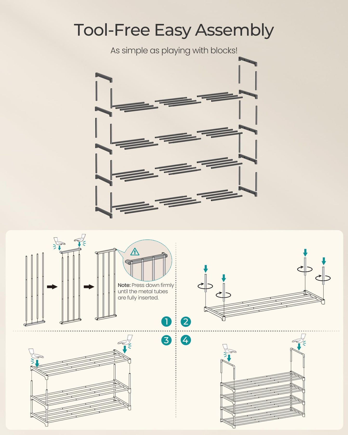 SONGMICS Shoe Rack, 4-Tier Shoe Organizer, Metal Storage Shelf, Upright or Upside Down, for 20-25