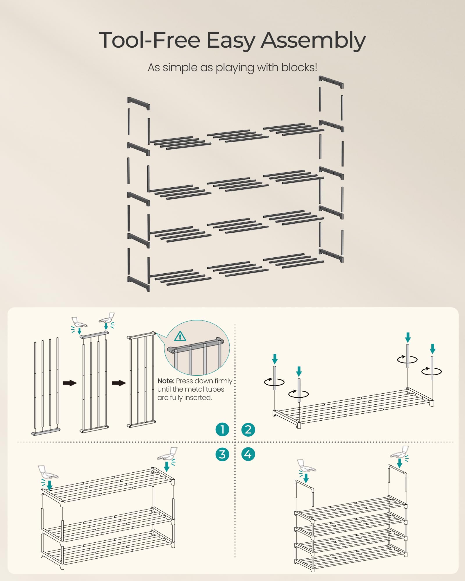 SONGMICS Shoe Rack, 4-Tier Shoe Organizer, Metal Storage Shelf, Upright or Upside Down, for 20-25