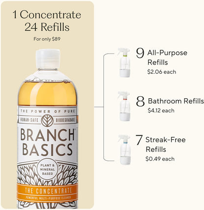 Branch Basics Cleaning Essentials Kit in Glass: All Purpose Cleaner and Bathroom Cleaner - Concentrate (33.8 Oz) + Glass Spray Bottles for Cleaning (16 Oz) Fragrance-Free