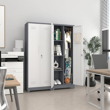 Locking Cabinet,Metal Storage Cabinet with Doors and Shelves,Broom Closet Storage Cabinets for Bedroom,Home Office,Grey-White