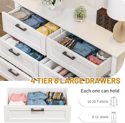 Odeekea White Dresser for Bedroom, Wood Dresser with 8 Drawers, Chest of Drawer for Bedroom Living Room Entryway Hallway, Modern Farmhouse Style